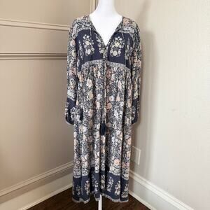 R. Vivimos Floral Boho Maxi Dress XL 16/18 Navy Cream Tassel Long Sleeve V-Neck